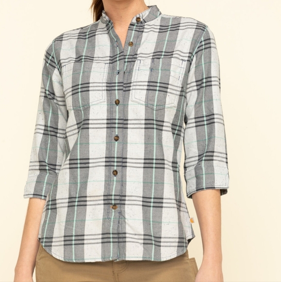 Carhartt Twilight Relaxed 3/4 Sleeve Plaid Flannel Button Down Shirt Size Small - Picture 1 of 9